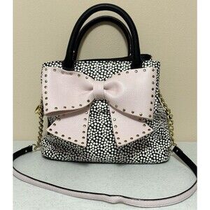 Betsey Johnson Pink Bow W/ Studs Shoulder Chain Black Pink Polka Dot Bag Purse